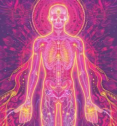 the human body is surrounded by neon colored lines and swirls, as well as an intricate