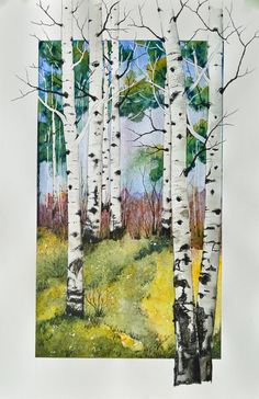 a watercolor painting of trees in the woods