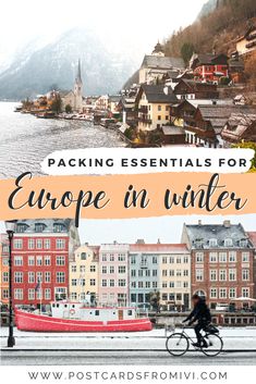 a person riding a bike in europe with the text packing essentials for europe in winter