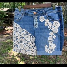 Upcycled from pre-loved materials. One of a kind shorts. Casual Upcycled Bottoms For Spring, Upcycled Bottoms For Summer, Upcycled Denim Bottoms For Summer, Summer Upcycled Denim Bottoms, Spring Denim Bermuda Bottoms, Upcycling Jeans, Upcycled Denim, Skorts, Jeans Shorts