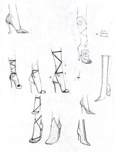 several different types of high heeled shoes, all drawn in one pointy perspective