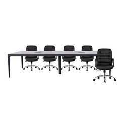 an office table with six black chairs and a white boardroom table in the middle