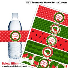 a water bottle label is shown with red and green designs