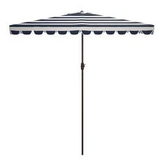 an umbrella with blue and white stripes is shown on a white background in this image