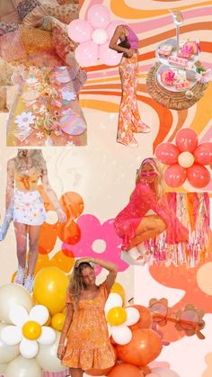 a collage of photos with balloons and women