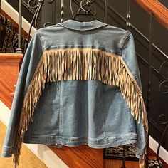 Chico’s Light Wash Denim Fringe Jacket Size 2 Nwt Excellent Condition No Flaws Color: Light Wash With Tan Fringe Fringe Denim Button Closure Long Sleeve Hans Pockets Cotton, Polyester, Rayon, Spandex Machine Wash Length: 24” To 25” Chicos Has Stirred Up A Little Drama On This Denim Jacket, Adding Soft Faux Suede Fringe To The Back And Sleeves For A Memorable Exit. This Classic Silhouette Is Just Right For Your Casual Style Featuring A Button Front Closure And Pockets. Chico’s, Denim, Denim Fring Spring Rodeo Outerwear With Fringe, Medium Wash Outerwear For Rodeo In Fall, Fall Denim Outerwear With Fringe, Cotton Denim Jacket With Fringe, Long Sleeve Cotton Denim Jacket With Fringe, Casual Medium Wash Outerwear With Fringe, Spring Rodeo Outerwear With Pockets, Medium Wash Denim Outerwear For Rodeo, Casual Denim Outerwear With Fringe