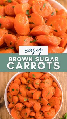 brown sugar carrots in a white bowl on a wooden table with the title easy brown sugar carrots