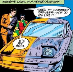 a comic strip with an image of a man and woman standing next to a car