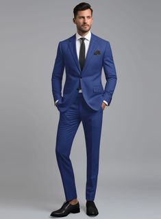 Make a bold statement with our Royal Blue Suit, a mix of impeccable style and unparalleled quality. Expertly crafted from a luxurious wool blend, this suit offers a sleek silhouette and a striking royal blue shade that commands attention. Perfect for making an impression at the office or captivating at special events, our blue suit ensures you're always the best dressed in the room. Experience perfect luxury and comfort, and make every moment an occasion to remember. Elevate your wardrobe today Royal Blue Men Suit Outfit, Elegant Blue Double Breasted Suit For Semi-formal Occasions, Elegant Tailored Blue Double Breasted Suit, Blue Fitted Suit For Formal Occasions, Elegant Tailored Blue Double-breasted Suit, Formal Fitted Blue Suit, Elegant Blue Suit In Suiting Fabric, Elegant Blue Double Breasted Suit For Semi-formal Events, Blue Fitted Formal Suits