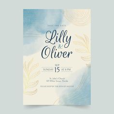 a wedding card with watercolor leaves on the front and blue sky in the background