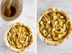 two pictures side by side showing the pie crust being prepared and then topped with apple slices