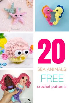 crochet sea animals are featured in the book, 20 sea animals free crochet patterns