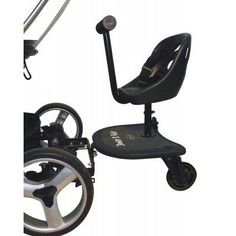 the wheel chair is black and silver with wheels