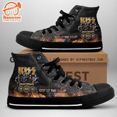 Kiss Band End Of The Road, Kiss Band High Top Shoes High top canvas shoes are a versatile and stylish footwear option that combines comfort with a classic design. Made from durable canvas material, these shoes feature a higher ankle cut, providing added support and a secure fit. They are often lightweight and breathable, making them ideal for casual outings or everyday wear. Available in a wide range of colors and patterns, high top canvas shoes can easily complement various outfits, from jeans Kiss Band Boots, Professional Bull Riders, The Artist Movie, End Of The Road, Stylish Footwear, Bull Riders, Kiss Band, Muscle Tank Tops, Shoes High