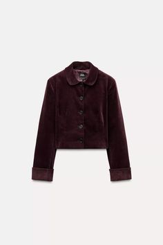 CROPPED VELVET JACKET - Maroon | ZARA United States Elegant Cropped Jacket With Button Cuffs, Classic Single-breasted Cropped Jacket For Fall, Elegant Cropped Long Sleeve Jacket With Button Cuffs, Elegant Long Sleeve Cropped Jacket With Button Cuffs, Classic Cropped Jacket With Buttons And Long Sleeves, Classic Winter Cropped Jacket, Classic Cropped Jacket With Button Cuffs For Fall, Classic Fall Cropped Jacket With Button Cuffs, Formal Cropped Jacket With Button Closure For Fall