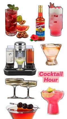 various cocktails and drinks are shown in this collage