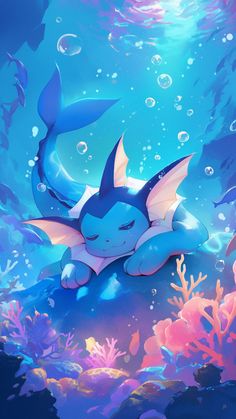 a blue and white pokemon laying on top of an ocean floor with bubbles around it