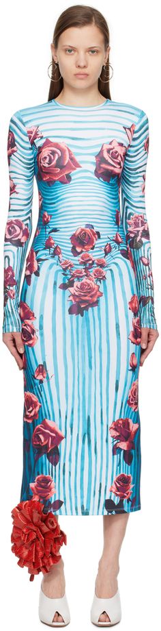 Jean Paul Gaultier - Blue & Red Flower Body Morphing Maxi Dress Pastel Dress, Paul Gaultier, Mid Length Dresses, Red Flower, Jean Paul, Jean Paul Gaultier, Printed Maxi Dress, Lace Tops, Jersey Dress