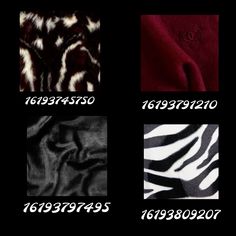 four different types of animal print fabric on black, white and red background with numbers