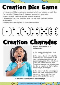 a poster with the words creation dice game on it