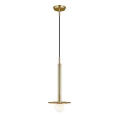 a brass colored pendant light fixture with a white glass ball hanging from the bottom, on an isolated background