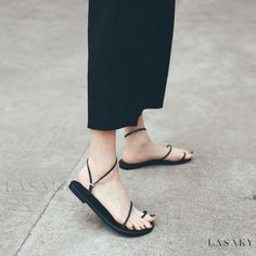 Lasaky - Chic Flat Sandals with Toe Loop and Thin Straps - Fashionable Footwear Luxury Slides, Chic Flats, Roman Style, Genuine Leather Sandals, Peep Toe Sandals, Mary Jane Heels, T Strap Sandals, Grey Shoes, Fashion Sandals