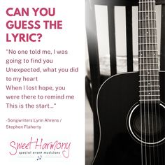 an acoustic guitar sitting in front of a black and white background with the words can you guess the lyric?