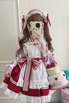 Fabric: Polyester Color: Red, Pink, Green, Blue, Yellow, Purple Feature: Ruffle, Bowknot Style: Sweet, Japanese Include: Dress + Top + Apron + Waist Bow Size ( Red Harajuku Dress For Party, Red Harajuku Dress For Spring, Harajuku Red Ruffled Dress, Harajuku Style Red Dress With Ruffles, Cute Red Dress With Bow, Red Long Sleeve Harajuku Dress, Cute Red Mini Dress With Ruffles, Harajuku Style Red Long Sleeve Dress, Red Long Sleeve Dress With Bow