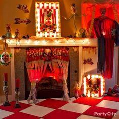 a living room decorated for halloween with red and white checkered flooring, large fire place and decorations on the mantel