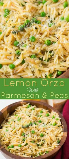 lemon orzo with parmesan and peas in a wooden bowl