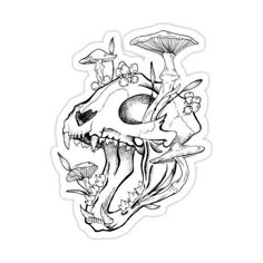 a sticker with an animal skull and mushrooms