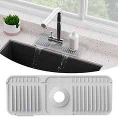 an image of a kitchen sink with water running from the faucet in it