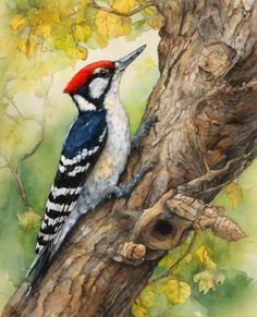 a painting of a woodpecker perched on a tree branch with leaves in the background