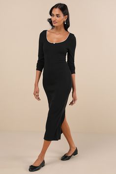 The flirty vibes that radiate from the Lulus Certainly Darling Black Ribbed Long Sleeve Midi Dress will make it the perfect pick for meeting up with your crush! Stay cute and comfortable all day long with this stretchy ribbed knit dress that features long sleeves and a scoop neckline with scalloped lace trim and a dainty rosette detail at the center. The bodycon silhouette will effortlessly flaunt your figure as it falls to a chic midi hem with a convenient kick pleat at the back. Fit: This garm Kick Pleat, Ribbed Knit Dress, Sleeve Midi Dress, Your Crush, Long Sleeve Midi, Scalloped Lace, Long Sleeve Midi Dress, Black Rib, Large Size Dresses