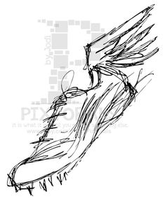 a black and white drawing of a bird with its wings spread out in the air