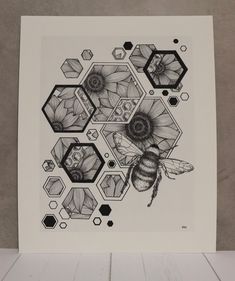 a black and white drawing of bees in honeycombs with flowers on the side