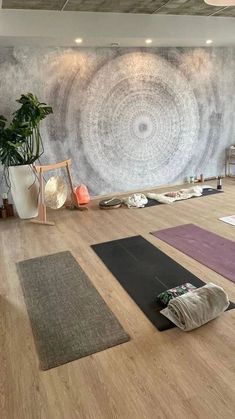 a room with yoga mats, rugs and potted plants on the floor in front of a large wall mural