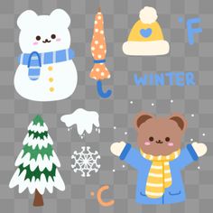 the bear is standing in front of winter items