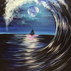 a painting of a sailboat in the middle of a large wave at night time