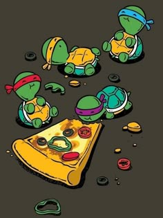 some little turtles are eating pizza and playing with it's toys on the floor