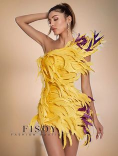 Fisdy - Mini vestido asimétrico de plumas de Paislee Feather Mini Dress, Romper Swimsuit, Hot Jumpsuits, Yellow And Purple, Swimsuits Hot, Sequin Maxi Dress, Sequin Maxi, Canary Yellow, Swimsuit Dress