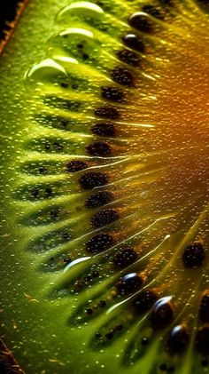 a kiwi fruit sliced in half with drops of water on the top and bottom