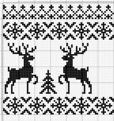 a cross stitch pattern with two deers and snowflakes on the bottom, in black and white