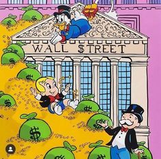 an image of cartoon characters in front of a wall street building with money bags on the ground