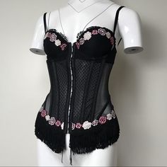 My Cute And Sexy Black Corset Bustier With Fringe, Lace Up Back And Some Floral Embroidery 6/18/19 Corset Bustier, Black Corset, Floral Embroidery, Women's Intimates, Black Pink, Lace Up, Embroidery, Lace, Floral