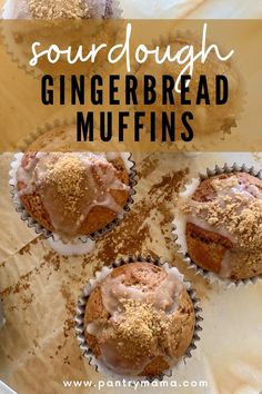 four gingerbread muffins with cinnamon sprinkles on top and the title says sourdough gingerbread muffins