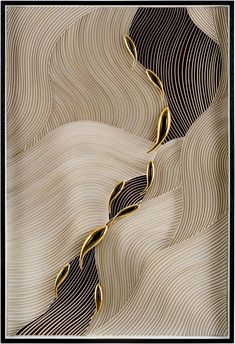 an abstract painting with wavy lines and curves in gold, black and white colors on a beige background