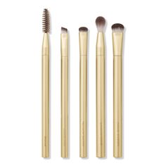 Precious Metals Brightening Eye Brush Set -  The limited-edition EcoTools Precious Metals Brightening Eye Set consists of 5 essential, yet sustainable eye brushes for a metal-chic look.    Includes     Angled Liner Brush (1 ct) - Apply liner to the lash line; use the spoolie to shape & groom your brows Blending Crease Brush (1 ct) - Use to apply & blend eyeshadow in the crease of your eye Crease Shadow Brush (1 ct) - Use to apply a pop of color to the crease or lid Precision Smudge Brush (1 ct) Blend Eyeshadow, Eye Crease, Bold Eyeshadow, Crease Brush, Eye Brushes Set, Blending Eyeshadow, Liner Brush, Eyeshadow Brush, Eye Brushes