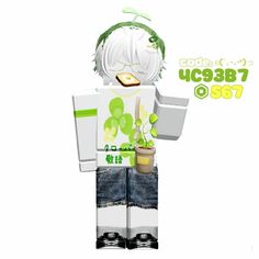 a lego man with white hair and green eyes holding a plant in his hand while standing next to a cardboard box