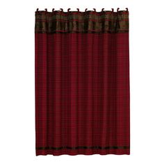 a red and black shower curtain with brown trimmings on the bottom, in front of a white background